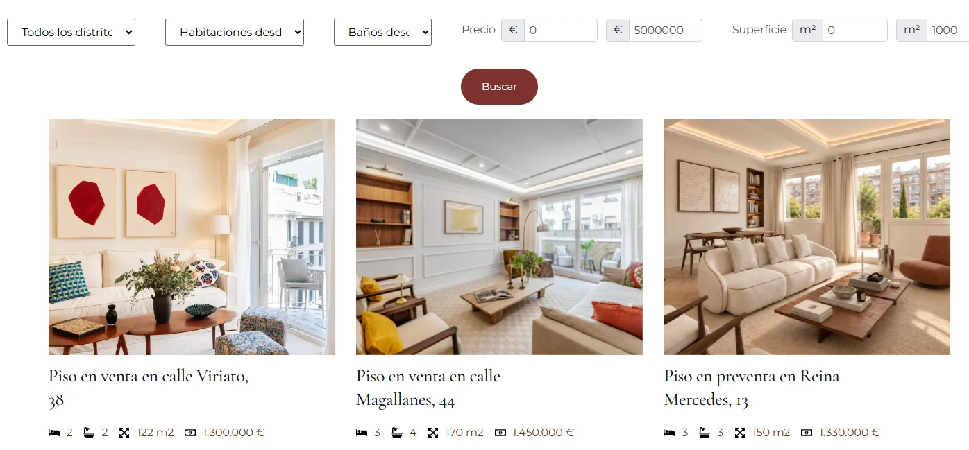 Buscador de propiedades de Ventis con filtros por distrito, habitaciones, baños, precio y superficie